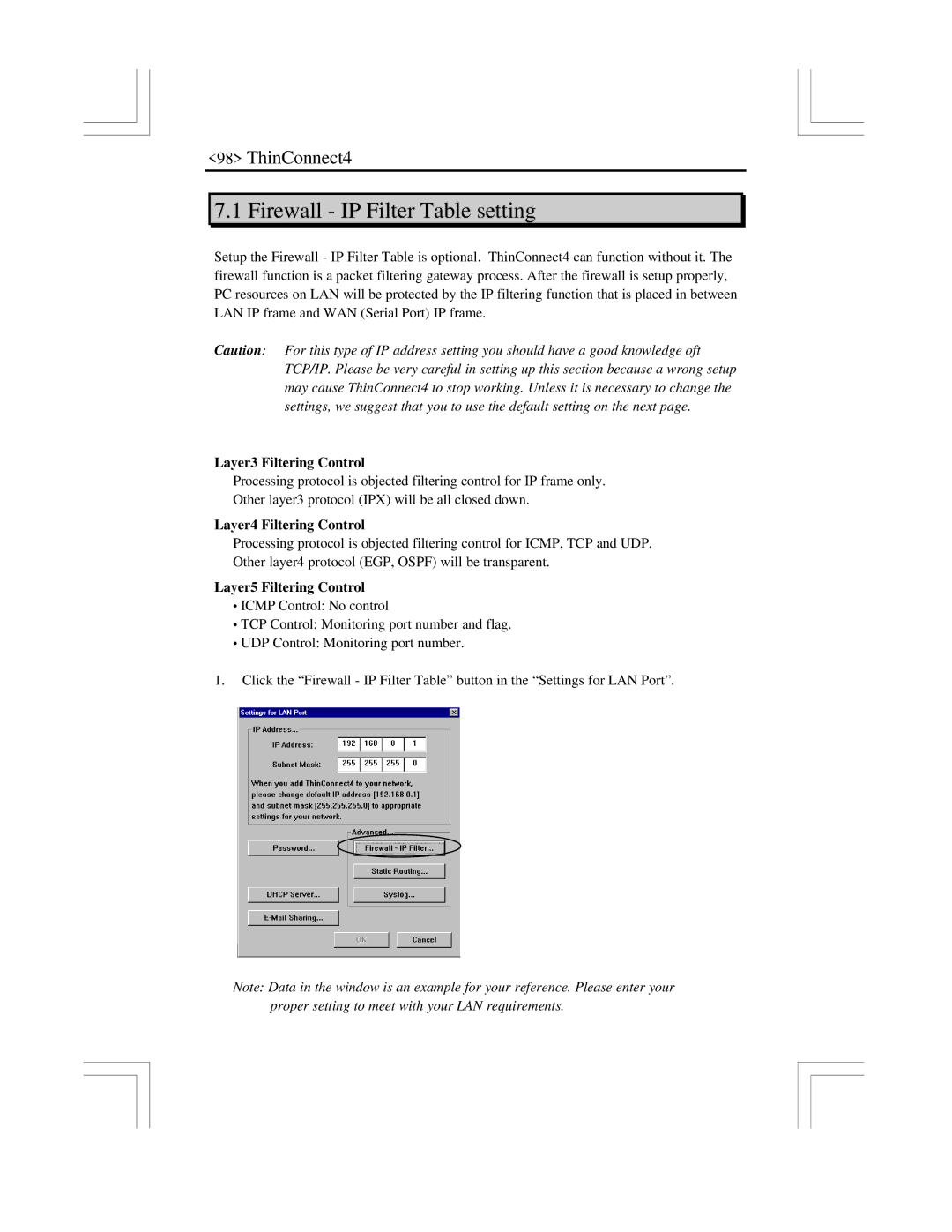 EXP Computer ThinConnect4 user manual Firewall IP Filter Table setting, Layer3 Filtering Control, Layer4 Filtering Control 