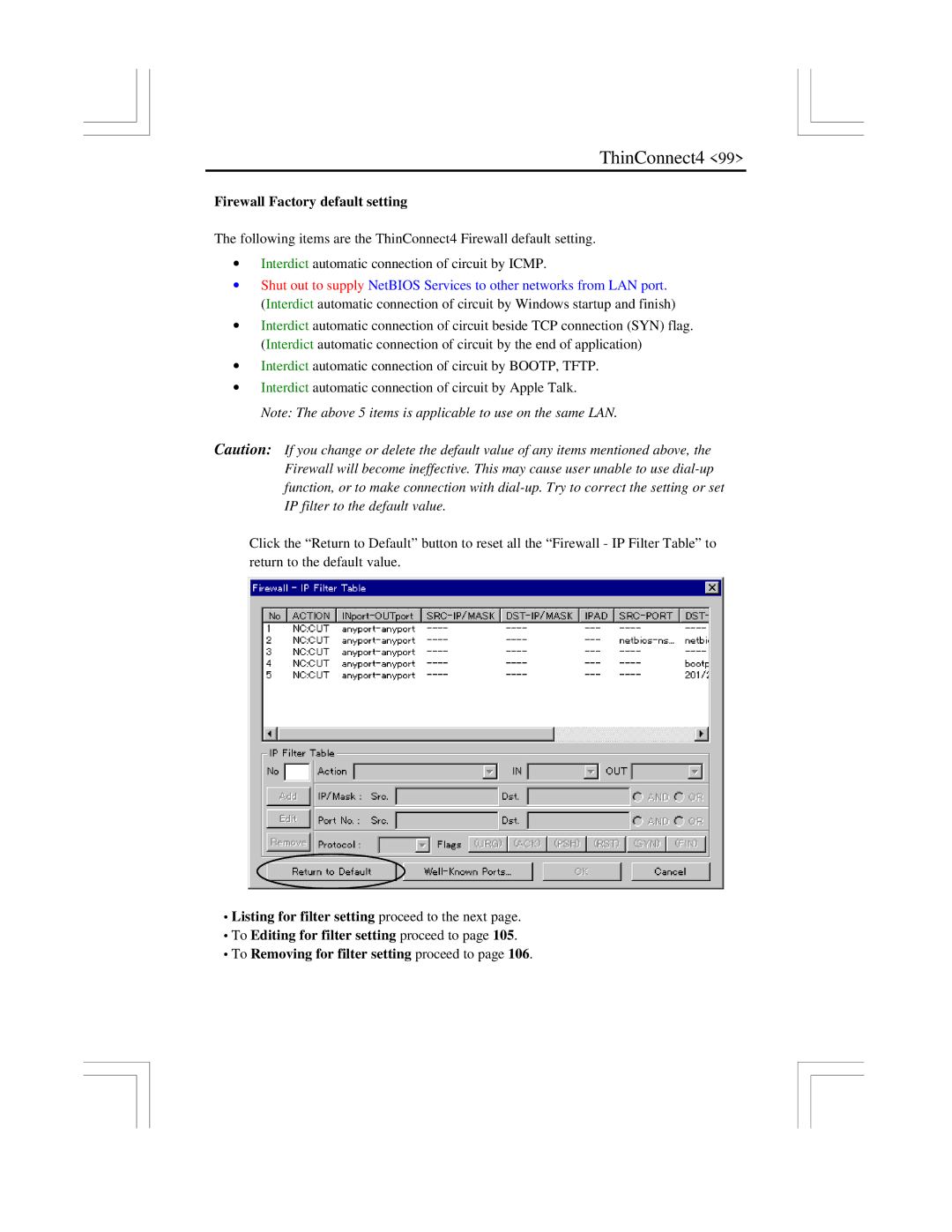 EXP Computer ThinConnect4 user manual Firewall Factory default setting 