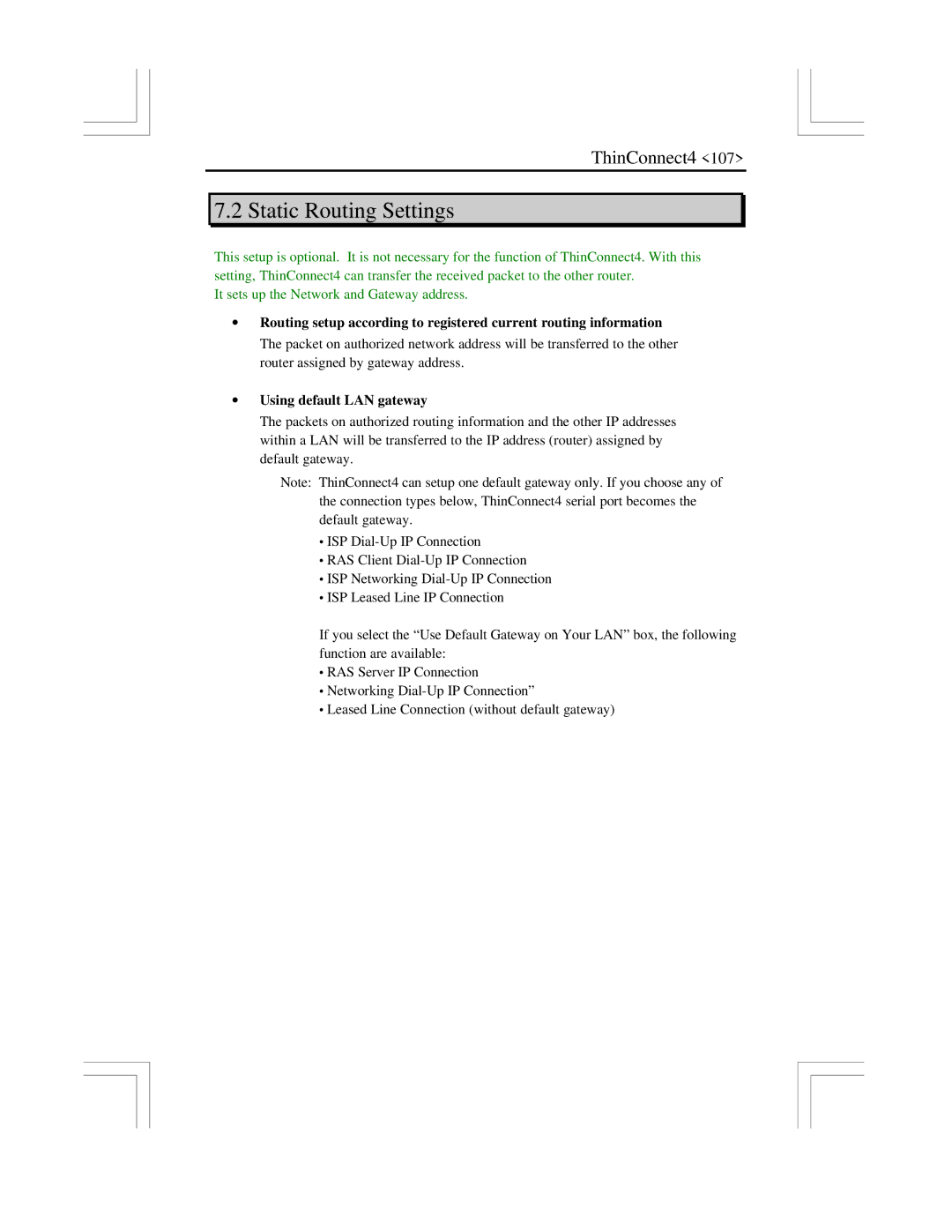 EXP Computer ThinConnect4 user manual Static Routing Settings, ∙ Using default LAN gateway 