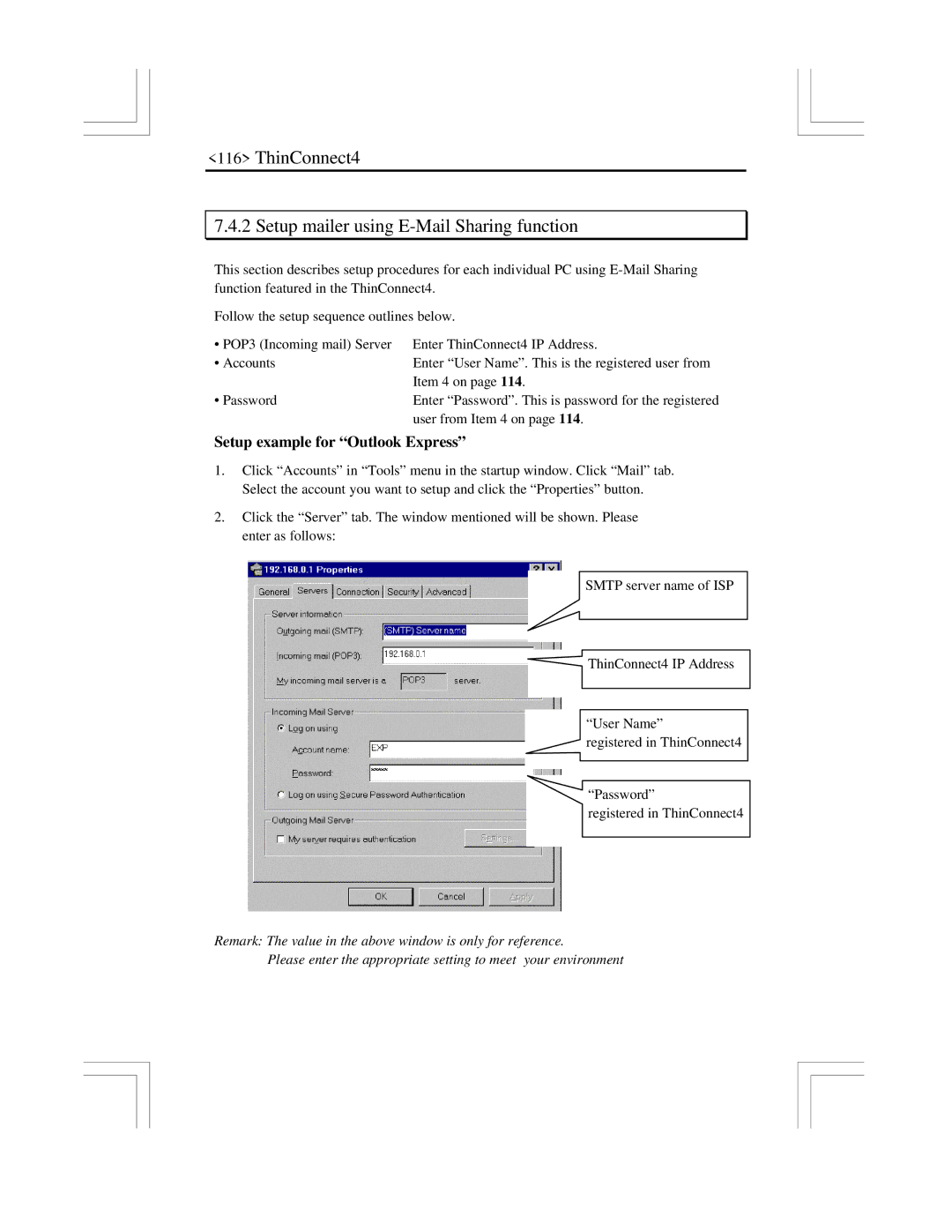 EXP Computer user manual ThinConnect4 Setup mailer using E-Mail Sharing function, Setup example for Outlook Express 