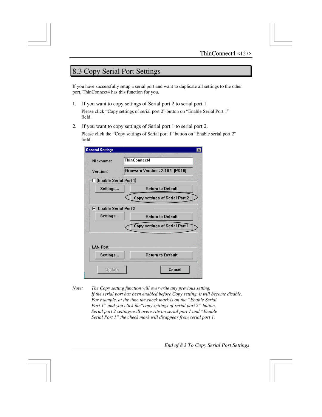 EXP Computer ThinConnect4 user manual Copy Serial Port Settings 