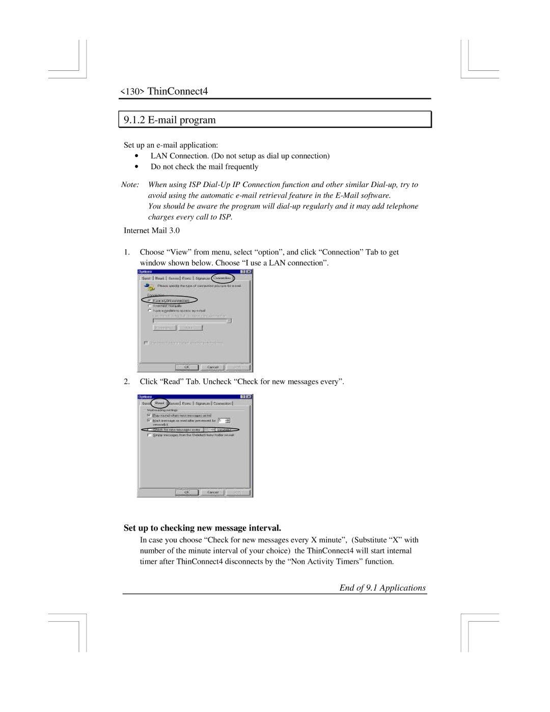 EXP Computer user manual ThinConnect4 Mail program, Set up to checking new message interval 