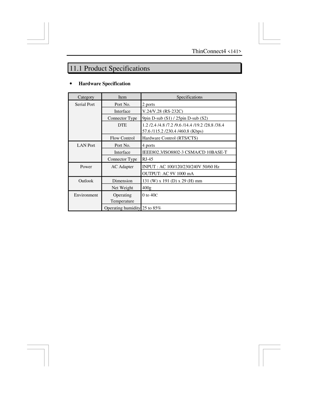 EXP Computer ThinConnect4 user manual Product Specifications, ∙ Hardware Specification 