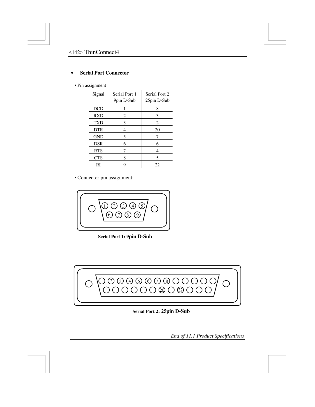 EXP Computer ThinConnect4 user manual ∙ Serial Port Connector, Serial Port 1 9pin D-Sub, Serial Port 2 25pin D-Sub 