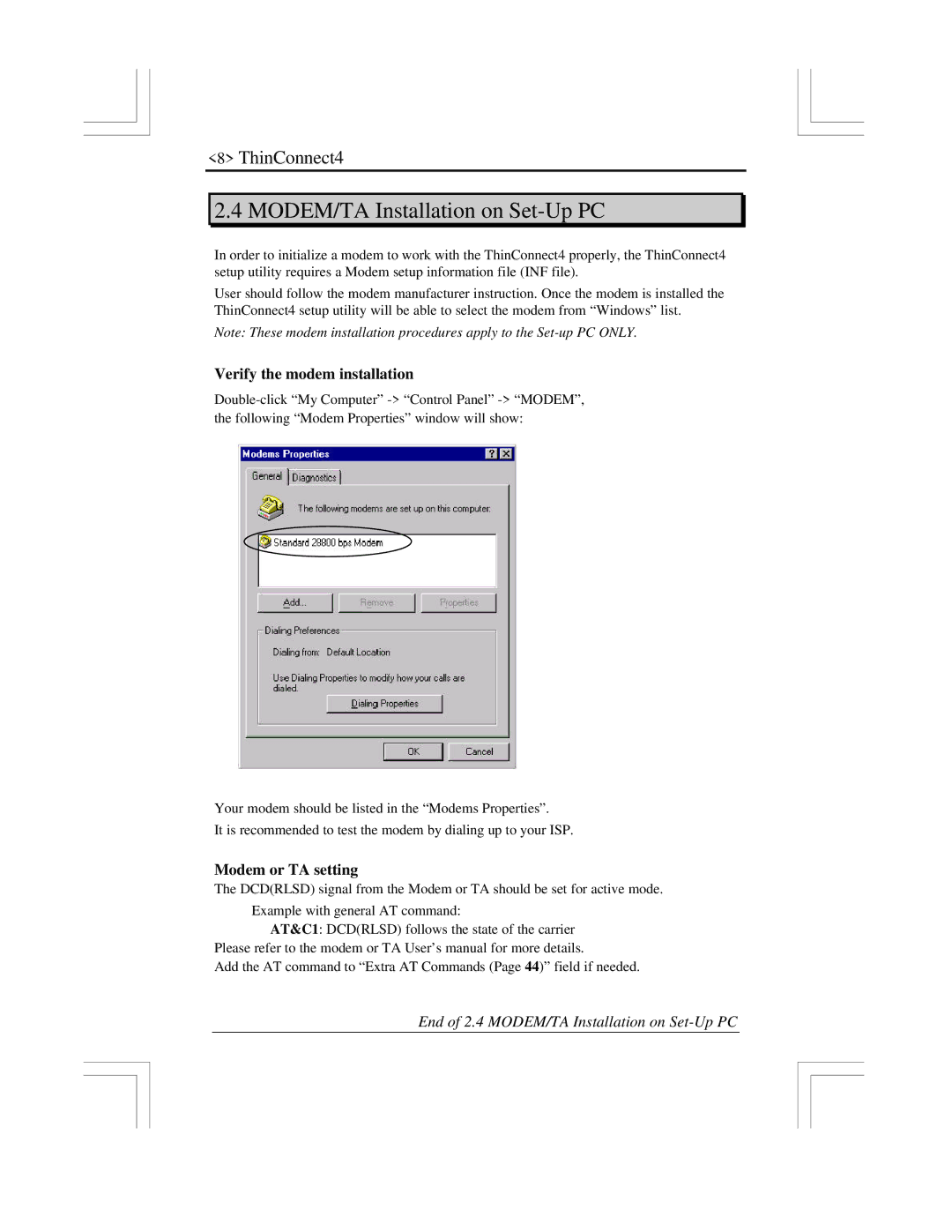 EXP Computer ThinConnect4 MODEM/TA Installation on Set-Up PC, Verify the modem installation, Modem or TA setting 