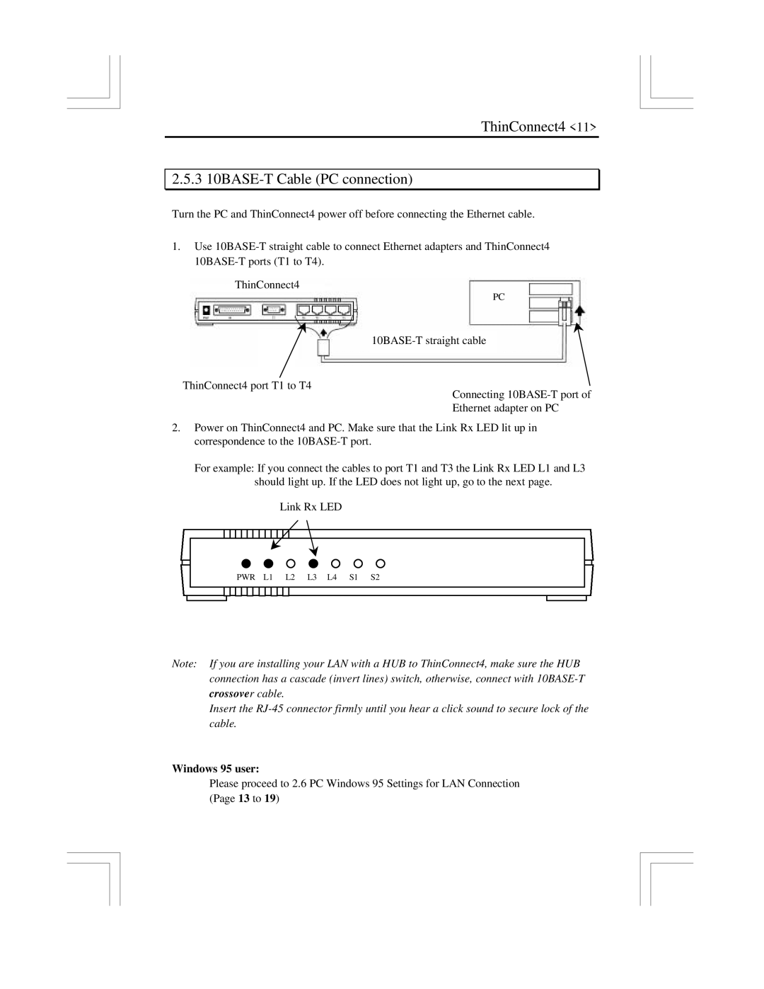 EXP Computer user manual ThinConnect4 3 10BASE-T Cable PC connection, Windows 95 user 