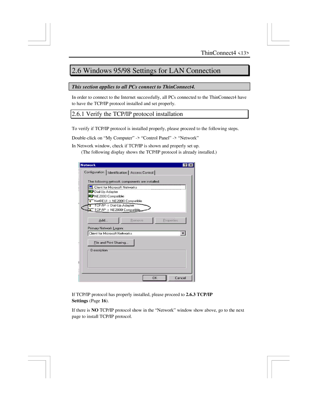 EXP Computer ThinConnect4 user manual Windows 95/98 Settings for LAN Connection, Verify the TCP/IP protocol installation 