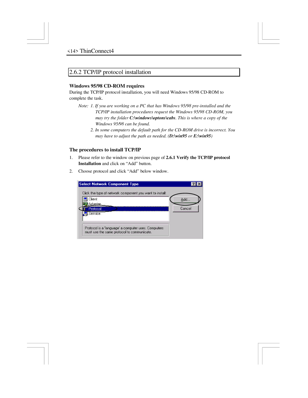 EXP Computer ThinConnect4 2 TCP/IP protocol installation, Windows 95/98 CD-ROM requires, Procedures to install TCP/IP 