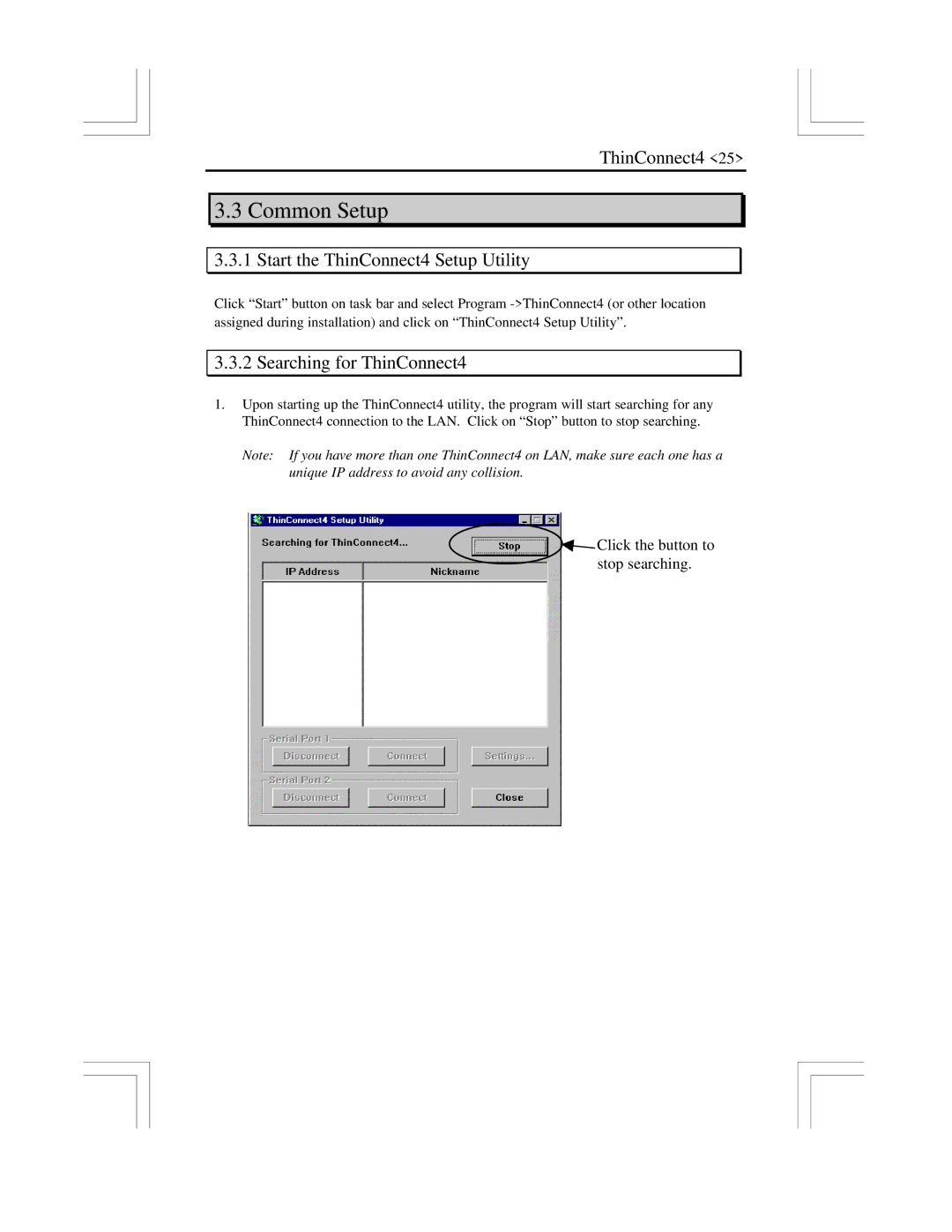 EXP Computer user manual Common Setup, Start the ThinConnect4 Setup Utility, Searching for ThinConnect4 