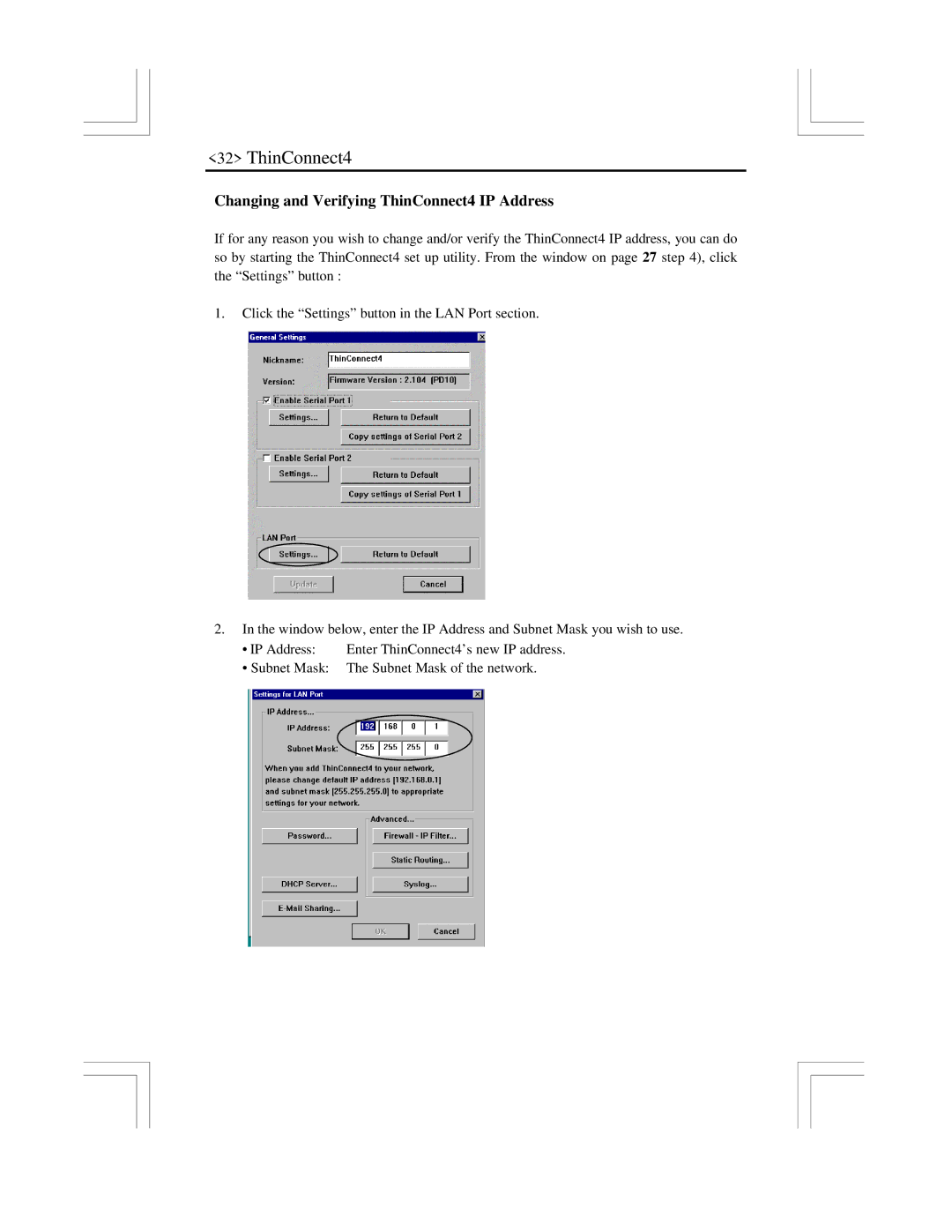 EXP Computer user manual Changing and Verifying ThinConnect4 IP Address 