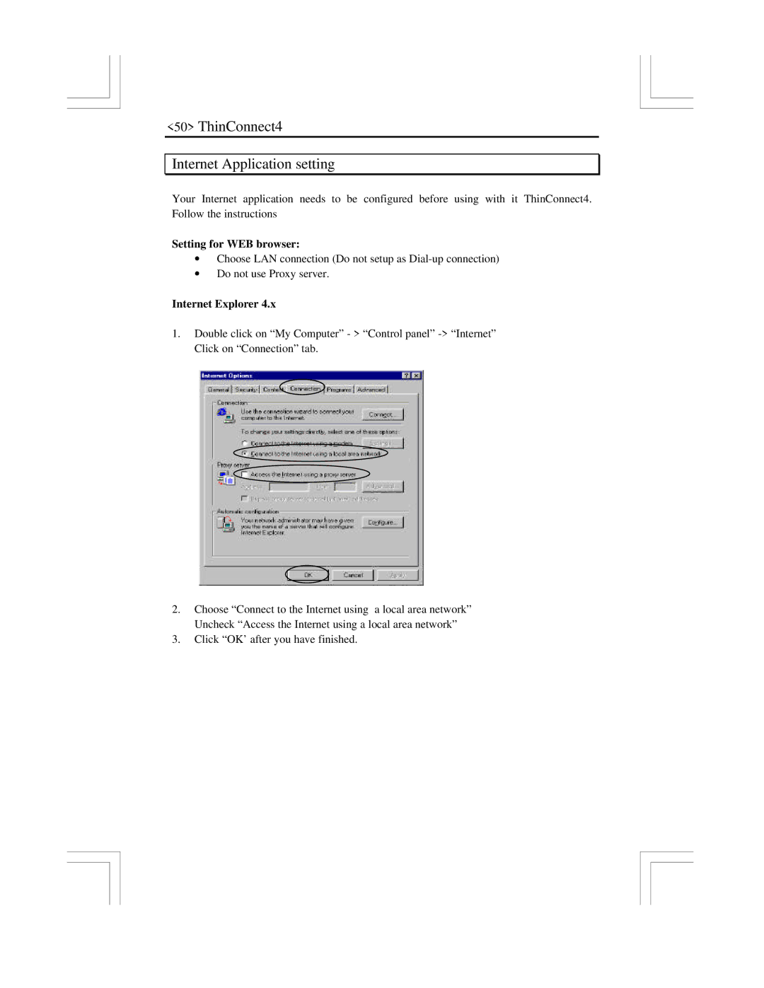 EXP Computer user manual ThinConnect4 Internet Application setting, Setting for WEB browser, Internet Explorer 