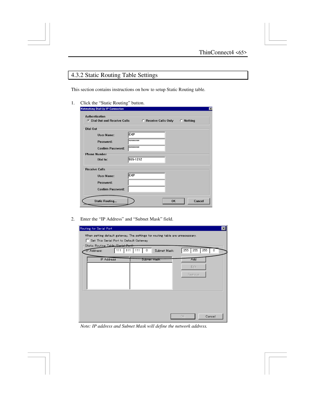 EXP Computer user manual ThinConnect4 Static Routing Table Settings 