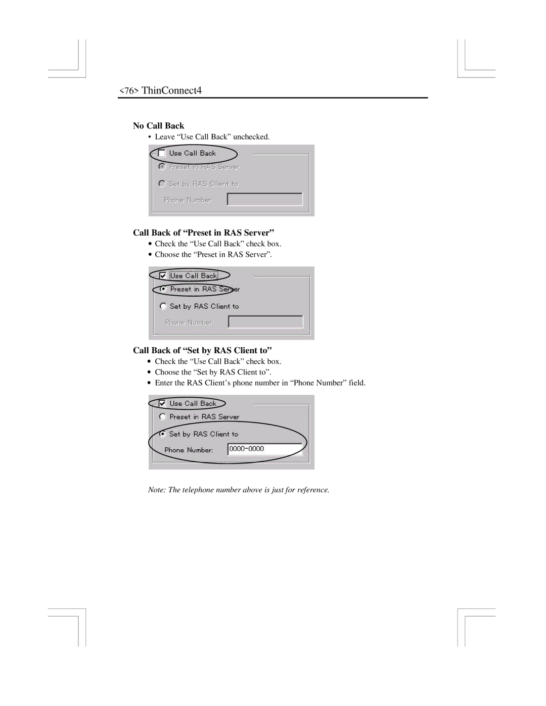 EXP Computer ThinConnect4 user manual No Call Back, Call Back of Preset in RAS Server, Call Back of Set by RAS Client to 