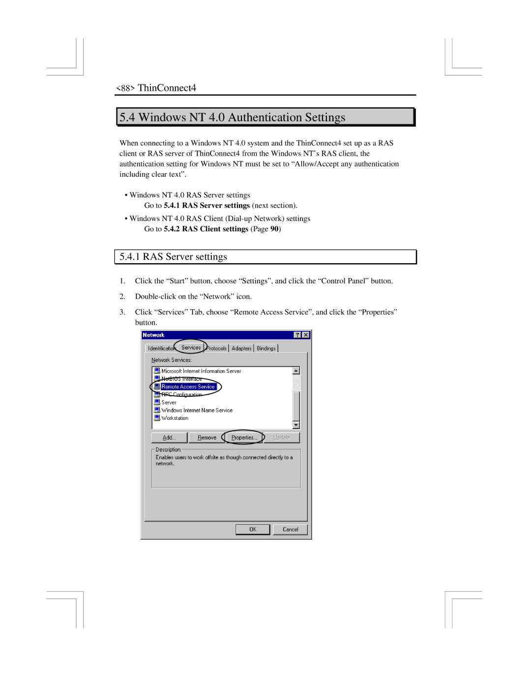 EXP Computer ThinConnect4 user manual Windows NT 4.0 Authentication Settings, RAS Server settings 