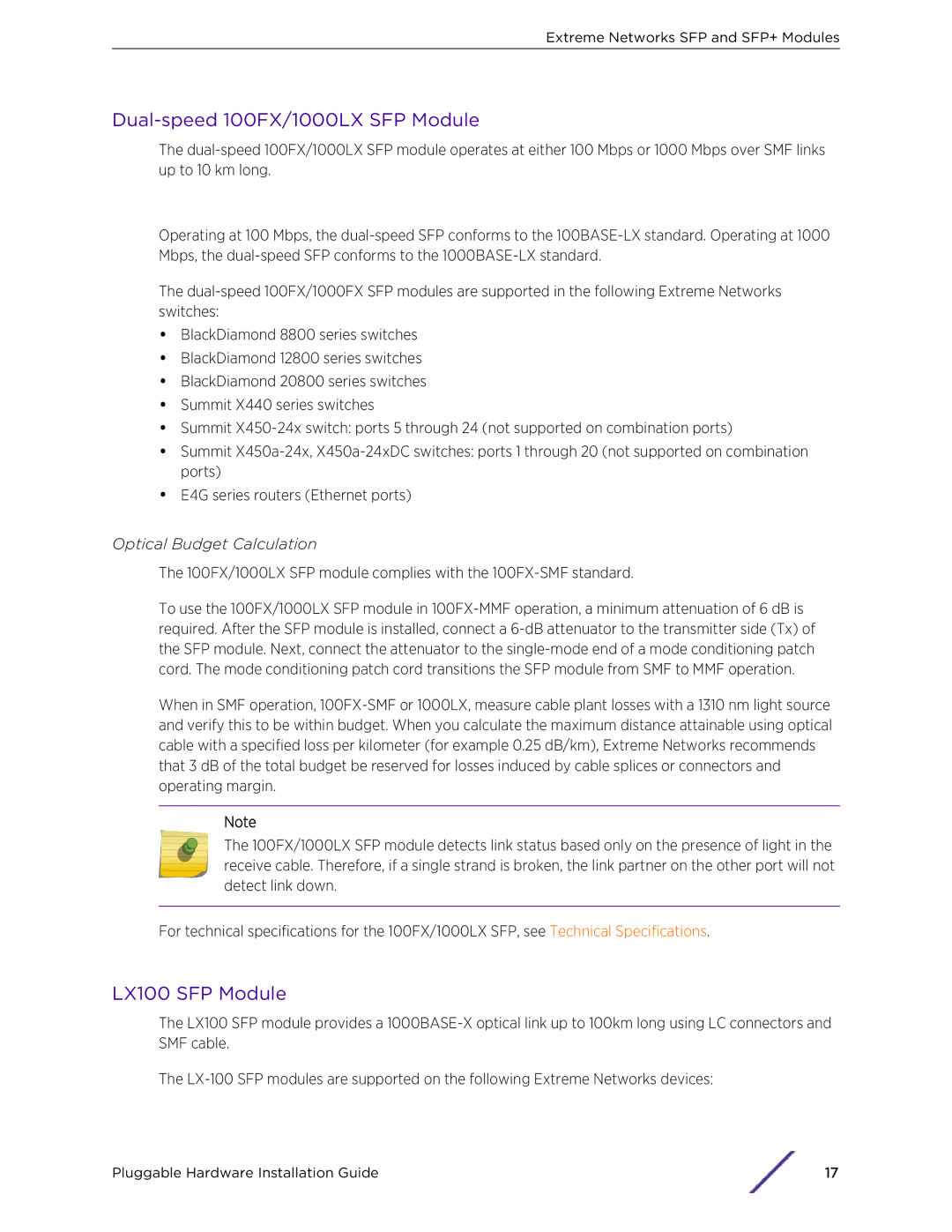 Extreme Networks 10018 manual Dual-speed 100FX/1000LX SFP Module, LX100 SFP Module 