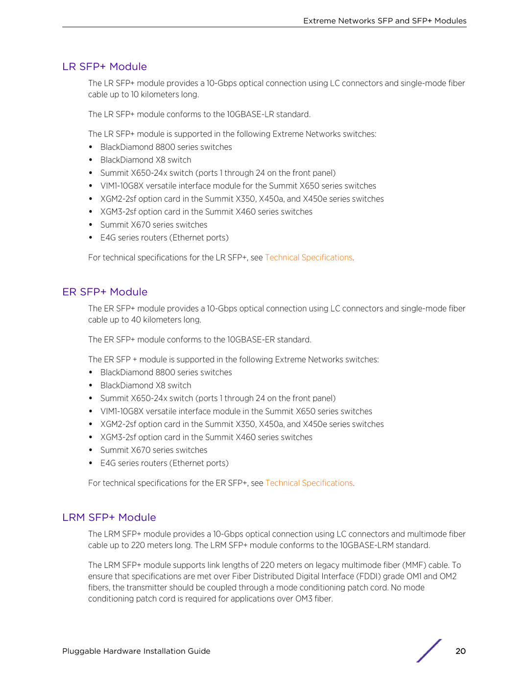 Extreme Networks 10018 manual LR SFP+ Module, ER SFP+ Module, LRM SFP+ Module 