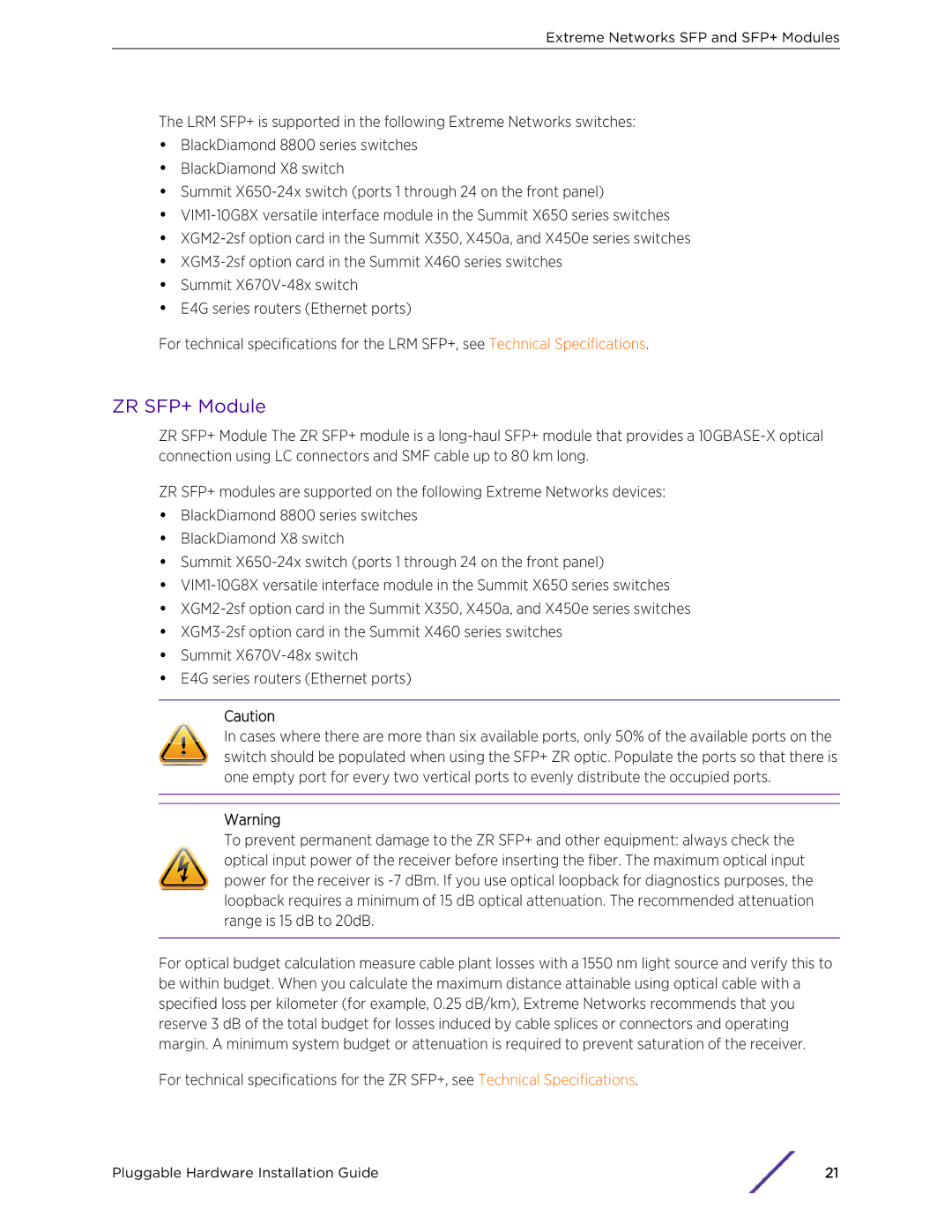 Extreme Networks 10018 manual ZR SFP+ Module 