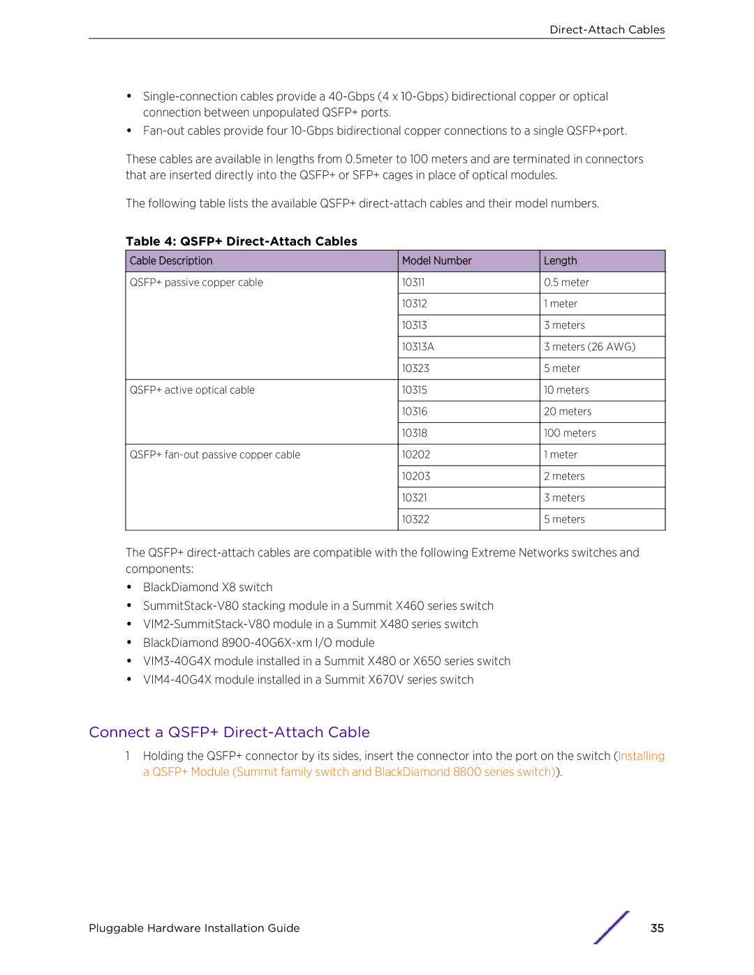 Extreme Networks 10018 manual Connect a QSFP+ Direct-Attach Cable, QSFP+ Direct-Attach Cables 