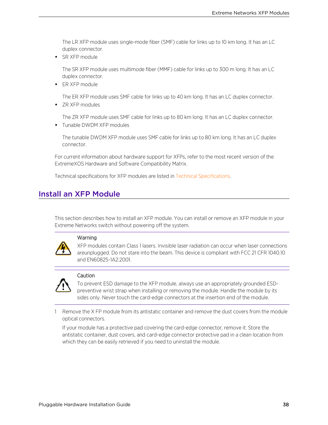 Extreme Networks 10018 manual Install an XFP Module 