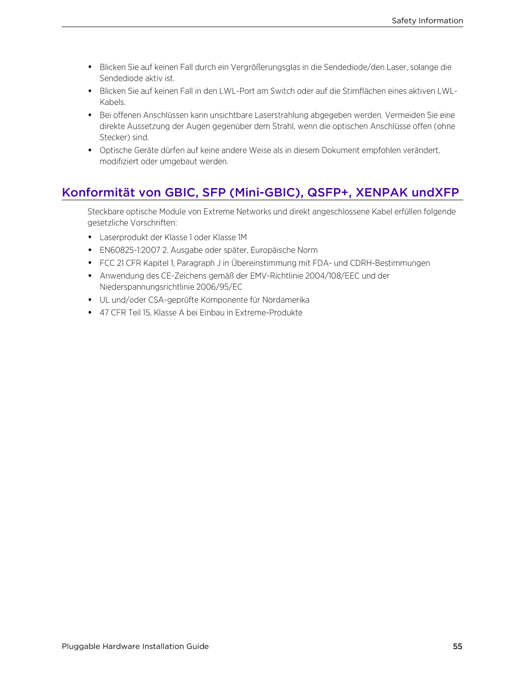 Extreme Networks 10018 manual Konformität von GBIC, SFP Mini-GBIC, QSFP+, Xenpak undXFP 