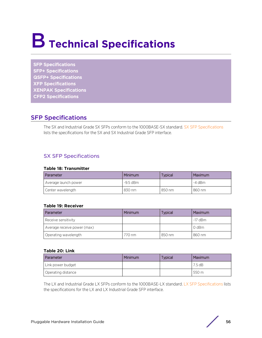 Extreme Networks 10018 manual Technical Specifications, SX SFP Specifications 