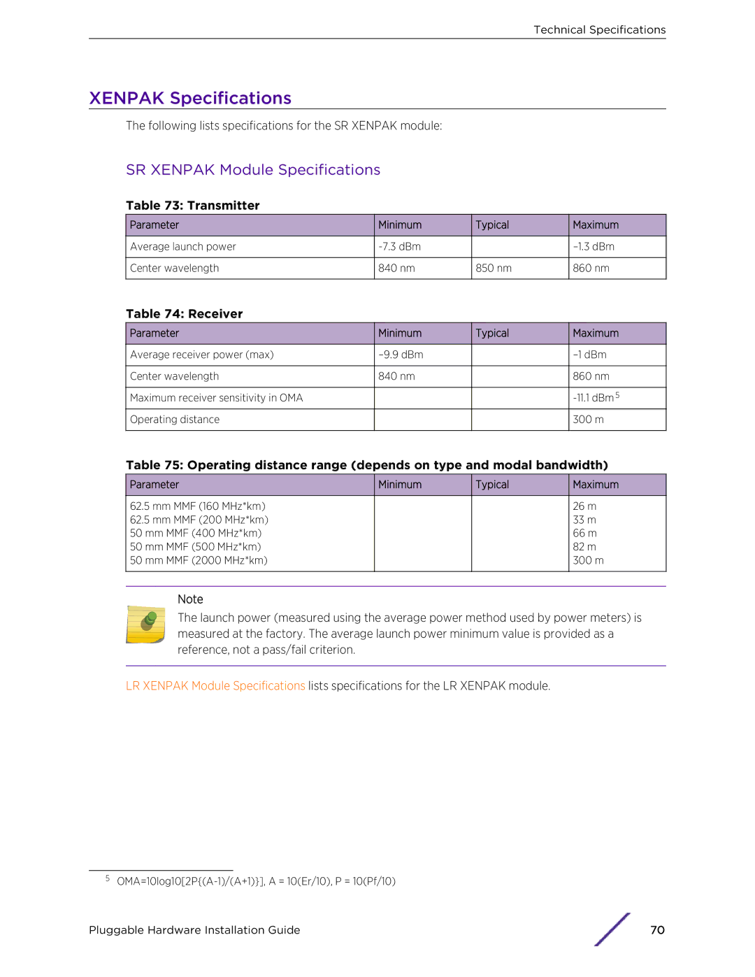 Extreme Networks 10018 manual Xenpak Specifications, SR Xenpak Module Specifications 