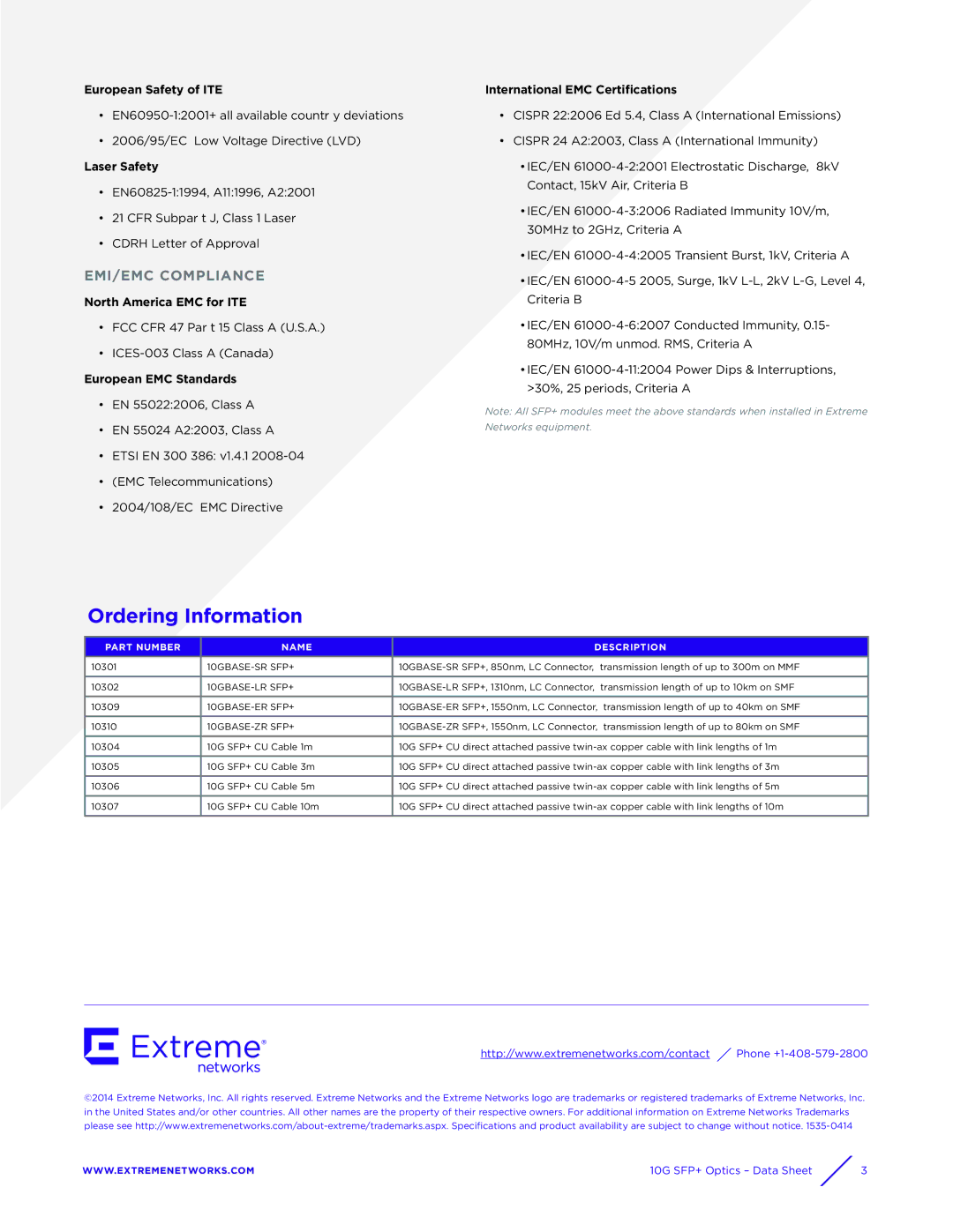 Extreme Networks 10301 manual Ordering Information, EMI/EMC Compliance 