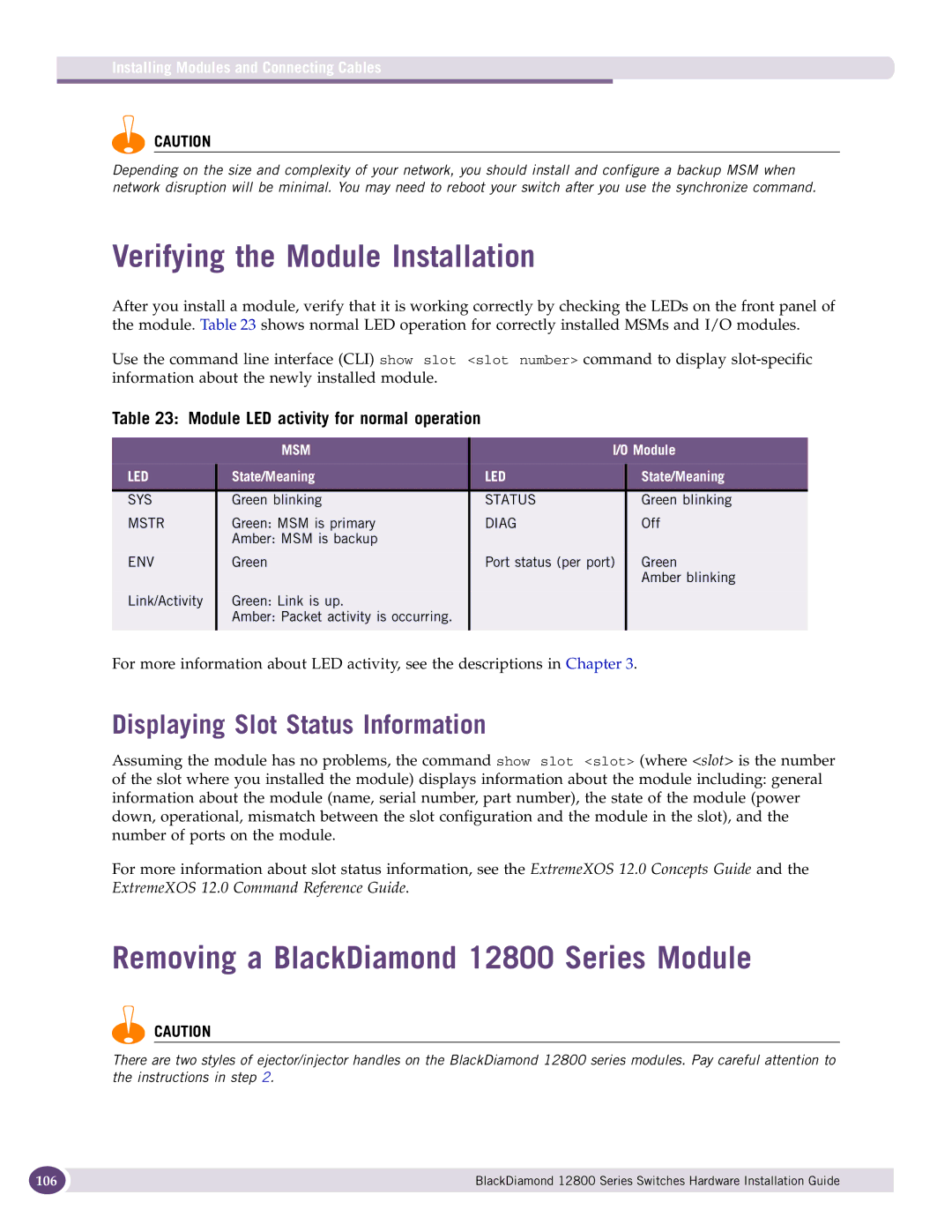 Extreme Networks manual Verifying the Module Installation, Removing a BlackDiamond 12800 Series Module 