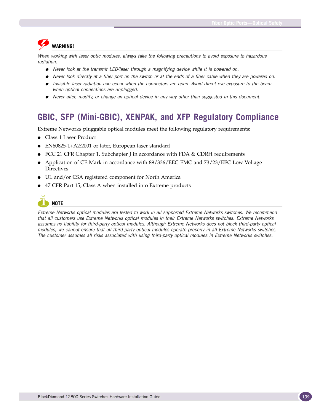 Extreme Networks 12800 Series GBIC, SFP Mini-GBIC, XENPAK, and XFP Regulatory Compliance, Fiber Optic Ports-Optical Safety 