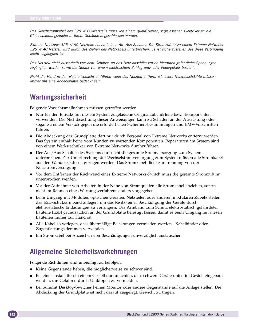 Extreme Networks 12800 Series manual Wartungssicherheit, Allgemeine Sicherheitsvorkehrungen 