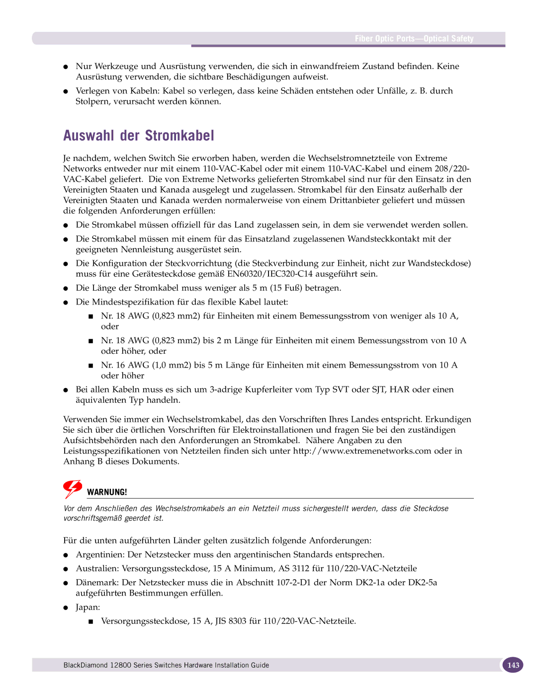 Extreme Networks 12800 Series manual Auswahl der Stromkabel 