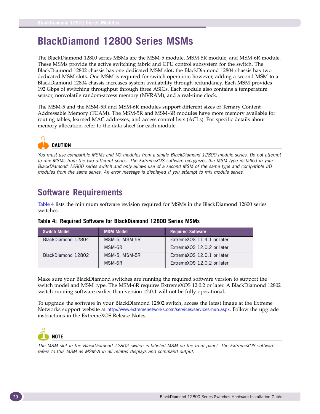 Extreme Networks manual BlackDiamond 12800 Series MSMs, Software Requirements, BlackDiamond 12800 Series Modules 