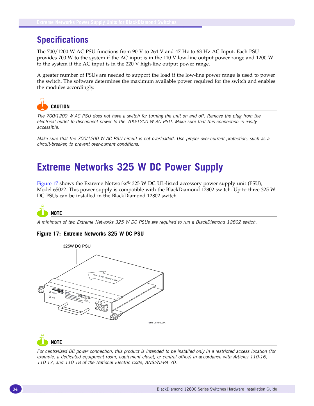 Extreme Networks 12800 Series manual Extreme Networks 325 W DC Power Supply, Specifications 