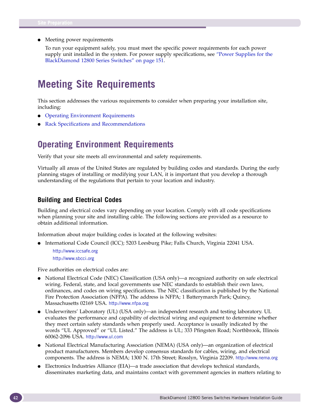 Extreme Networks 12800 Series Meeting Site Requirements, Operating Environment Requirements, Building and Electrical Codes 