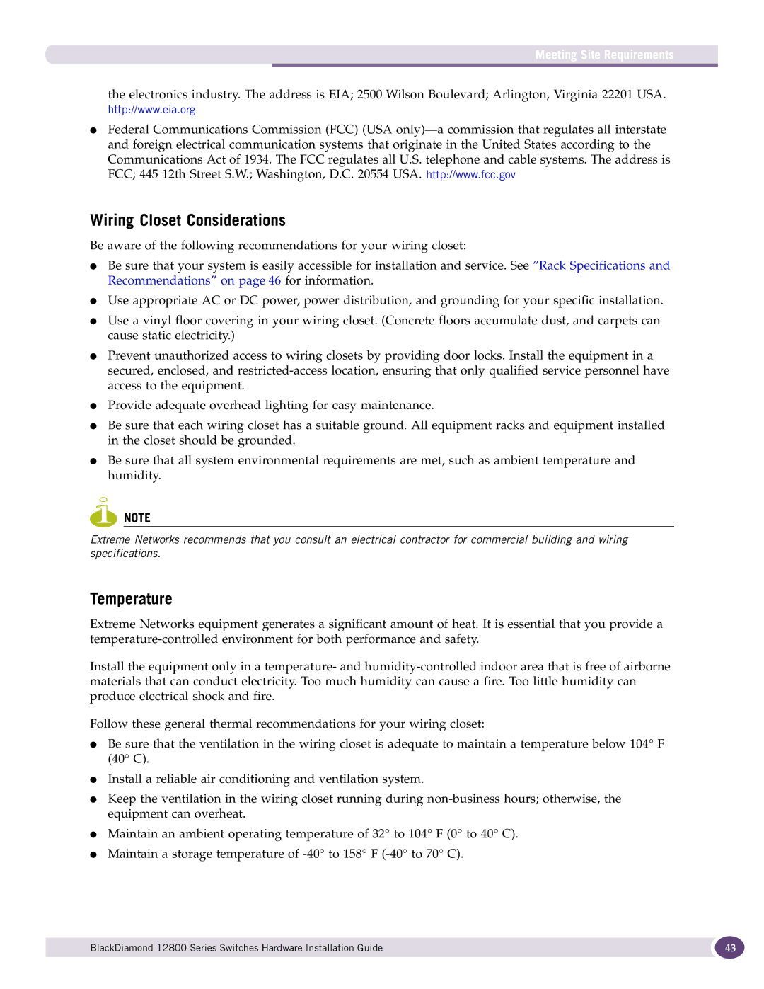 Extreme Networks 12800 Series manual Wiring Closet Considerations, Temperature, Meeting Site Requirements 