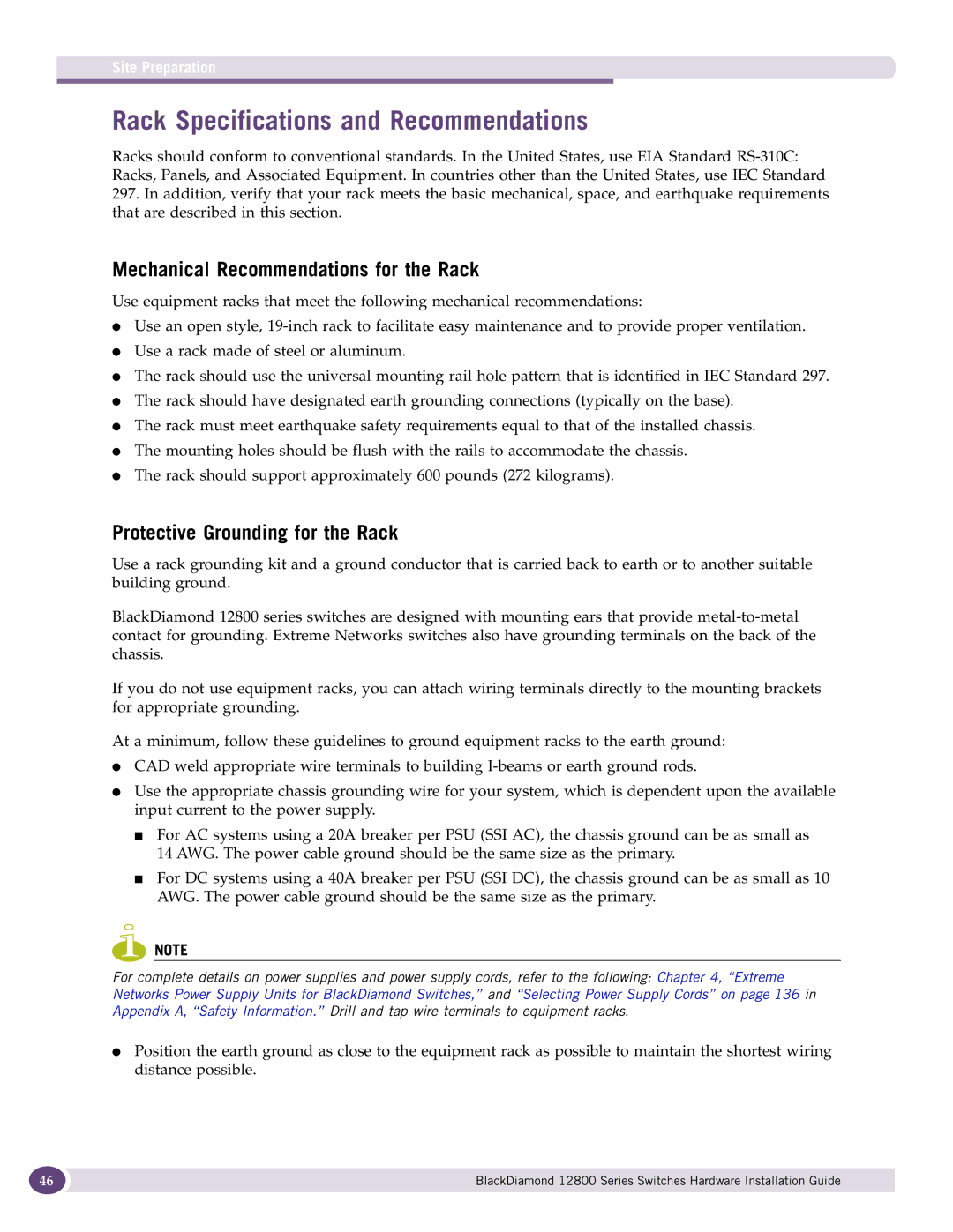 Extreme Networks 12800 Series manual Rack Specifications and Recommendations, Mechanical Recommendations for the Rack 