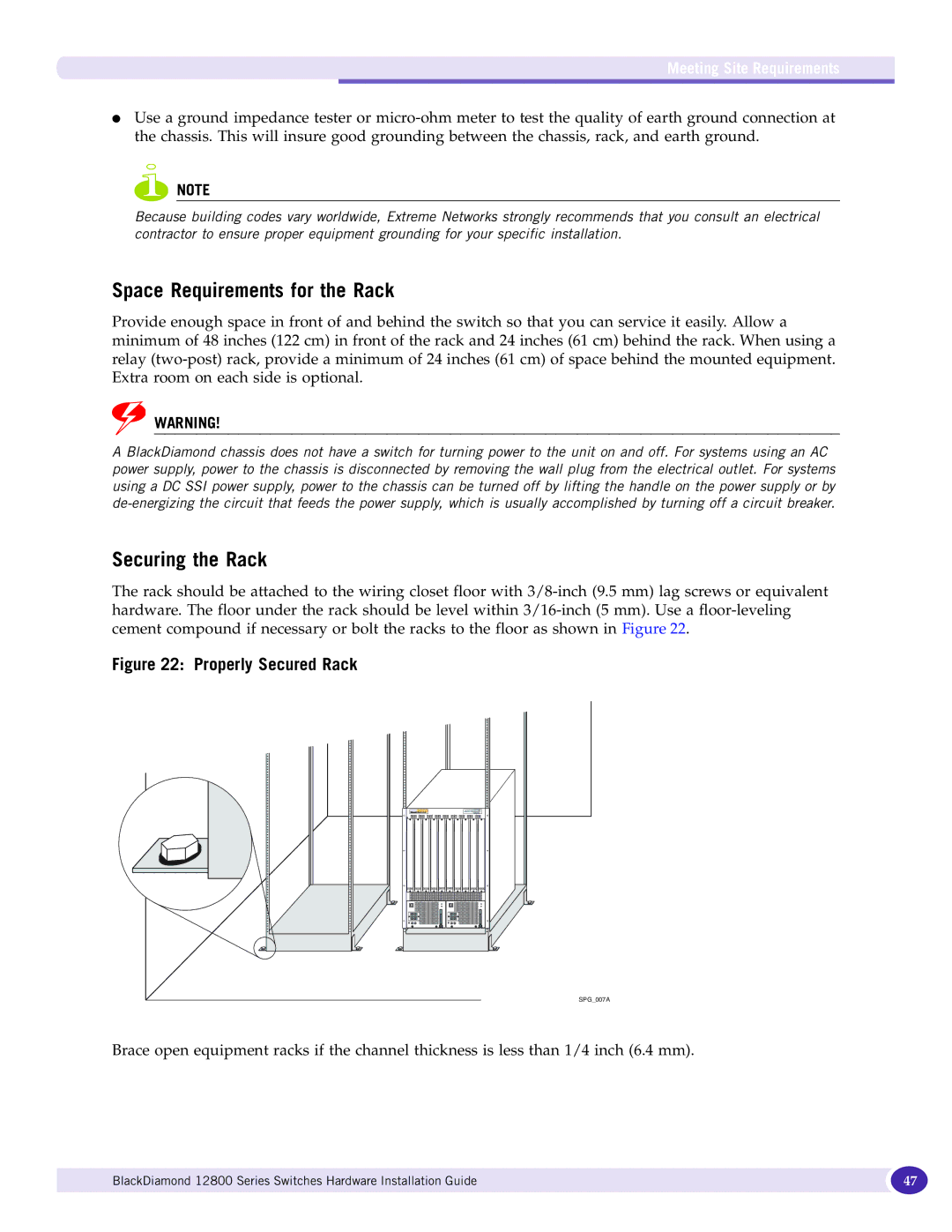 Extreme Networks 12800 Series manual Space Requirements for the Rack, Securing the Rack 