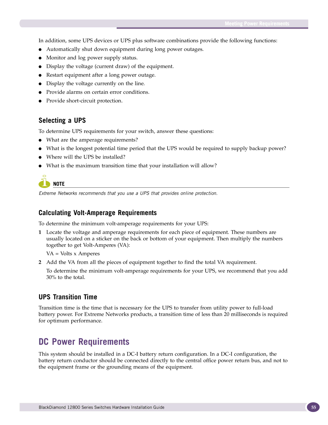 Extreme Networks 12800 Series manual DC Power Requirements, Selecting a UPS, Calculating Volt-Amperage Requirements 