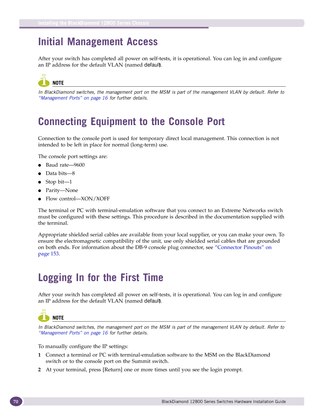 Extreme Networks 12800 Series manual Initial Management Access, Connecting Equipment to the Console Port 