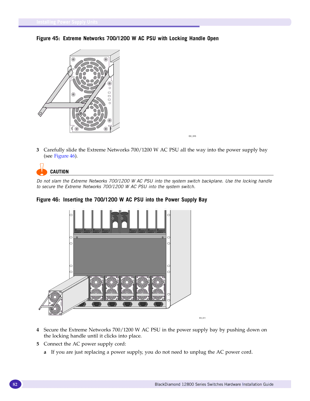 Extreme Networks 12800 Series manual Extreme Networks 700/1200 W AC PSU with Locking Handle Open 