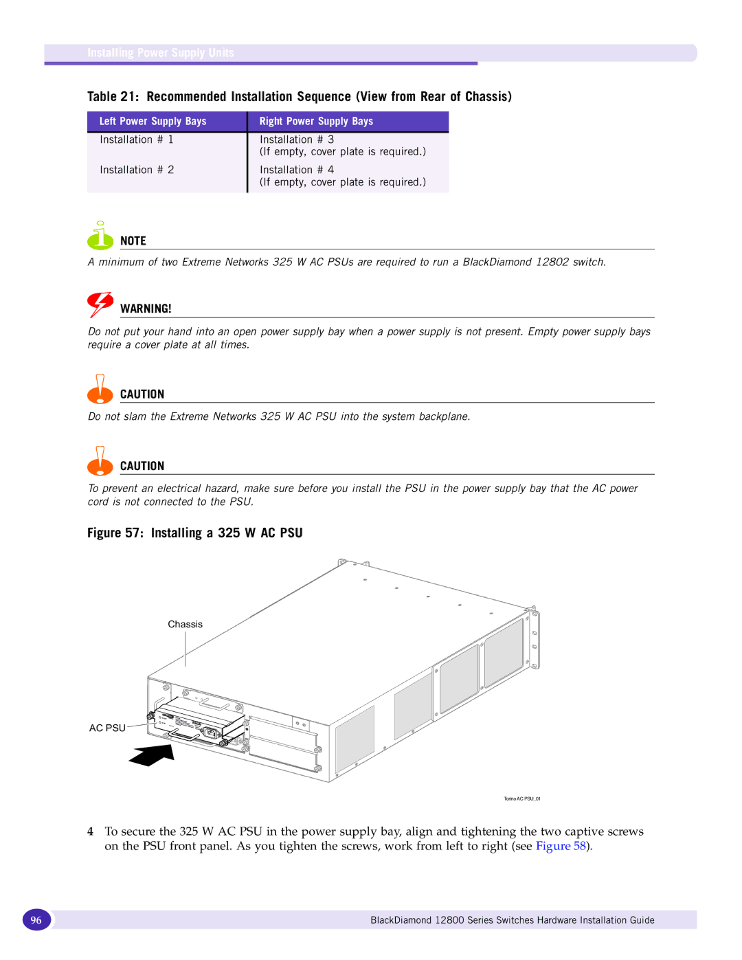 Extreme Networks 12800 Series manual Installing a 325 W AC PSU, Left Power Supply Bays Right Power Supply Bays 