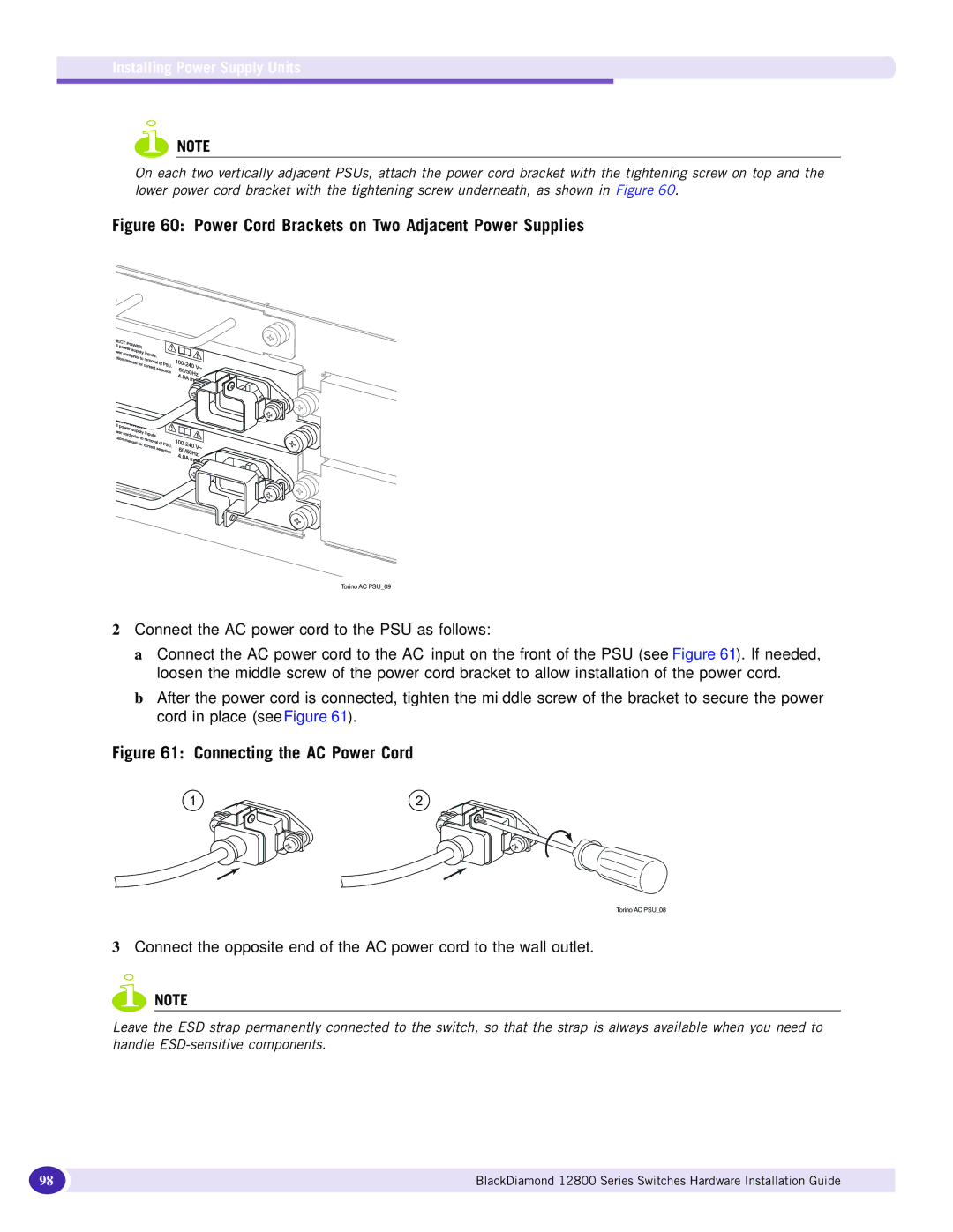 Extreme Networks 12800 Series manual Power Cord Brackets on Two Adjacent Power Supplies 