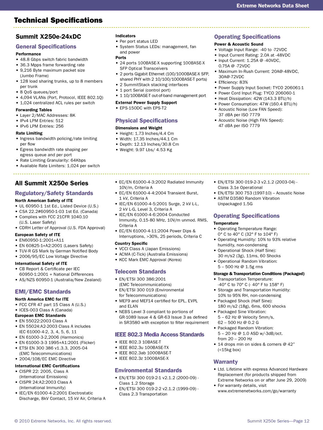 Extreme Networks 15101 manual Summit X250e-24xDC, All Summit X250e Series 