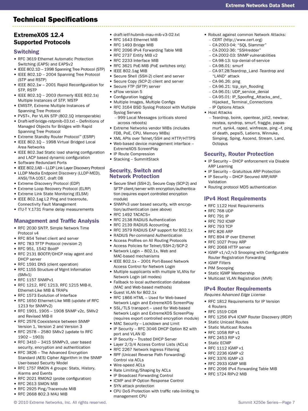 Extreme Networks 15101 manual Technical Specifications, ExtremeXOS Supported Protocols 