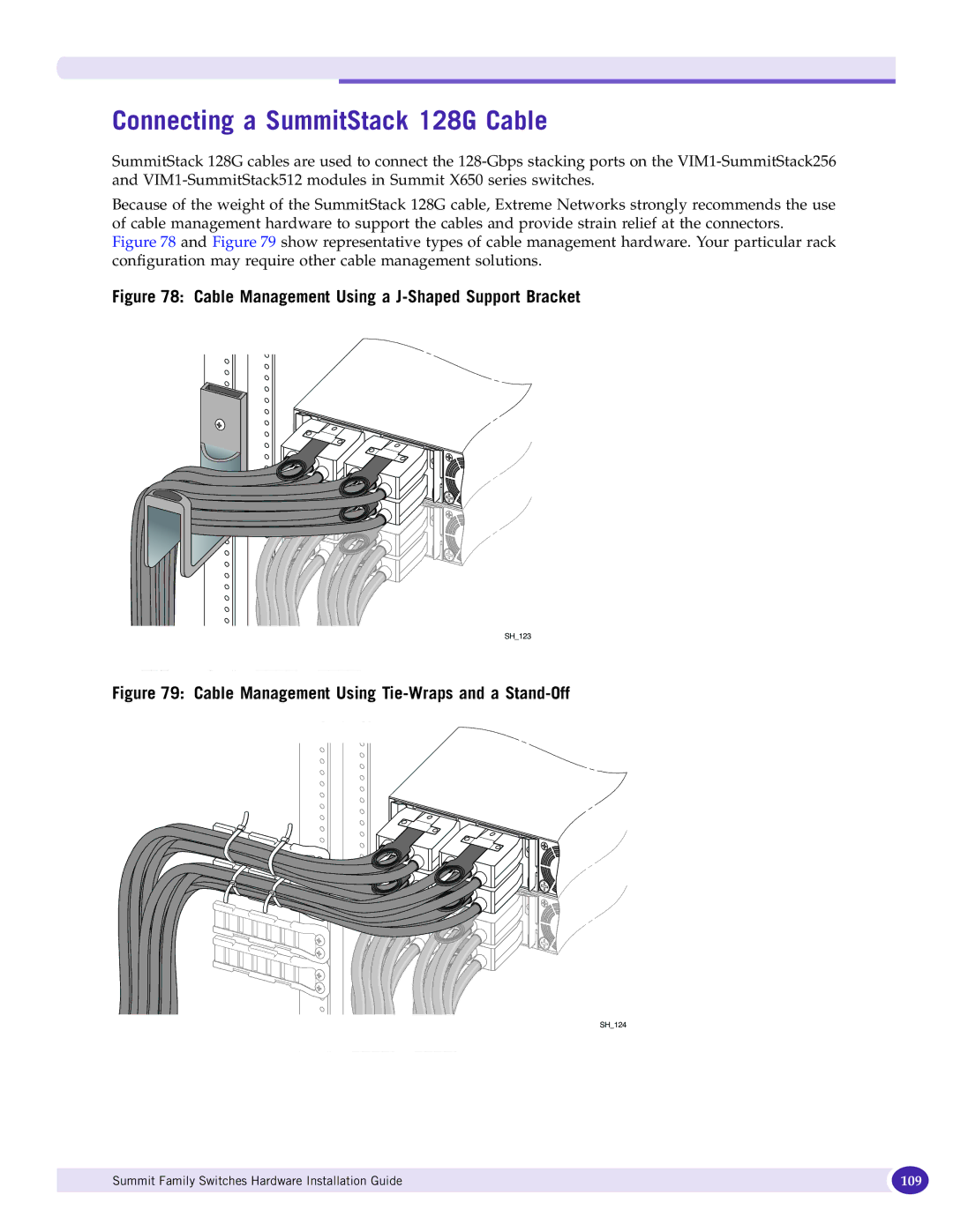 Extreme Networks 17001 manual Connecting a SummitStack 128G Cable, Cable Management Using a J-Shaped Support Bracket 