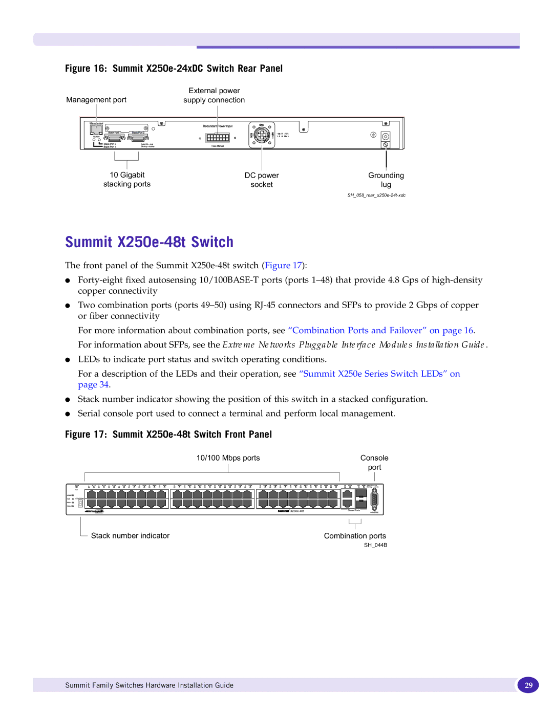 Extreme Networks 17001 manual Summit X250e-48t Switch, Summit X250e-24xDC Switch Rear Panel 