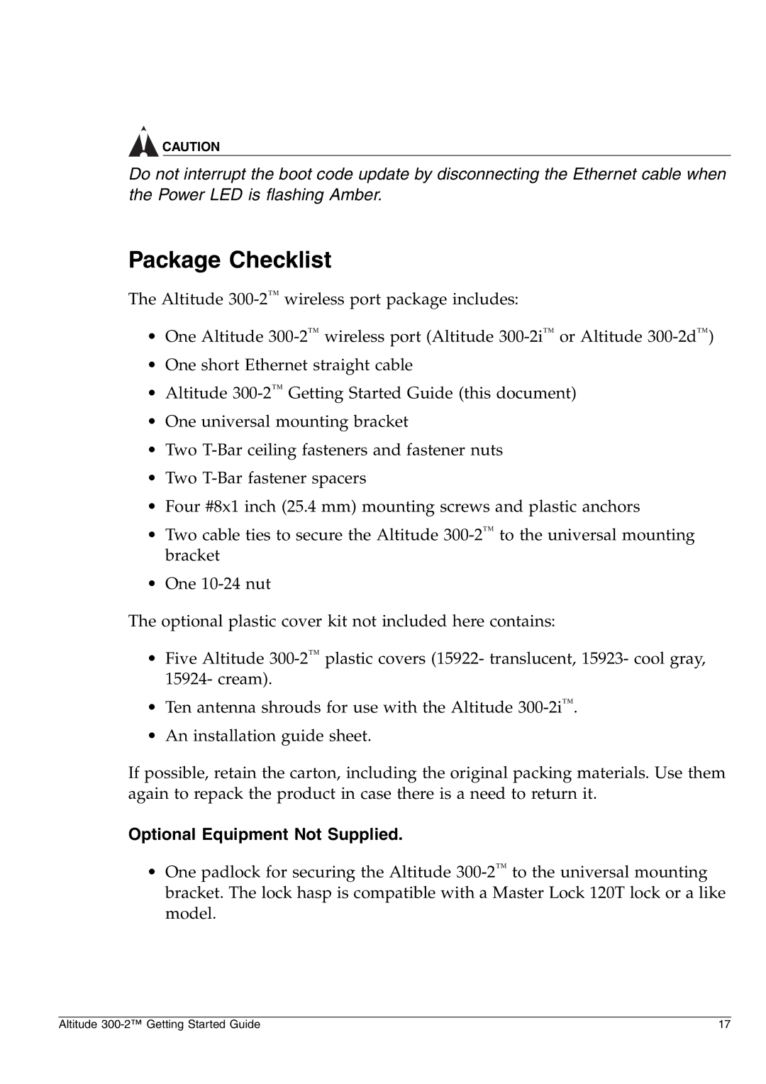 Extreme Networks 300-2 manual Package Checklist, Optional Equipment Not Supplied 