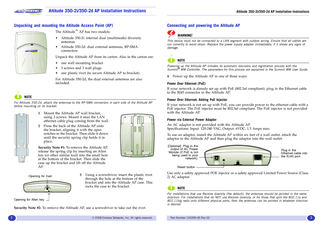 Extreme Networks installation instructions Altitude 350-2i/350-2d AP Installation Instructions 