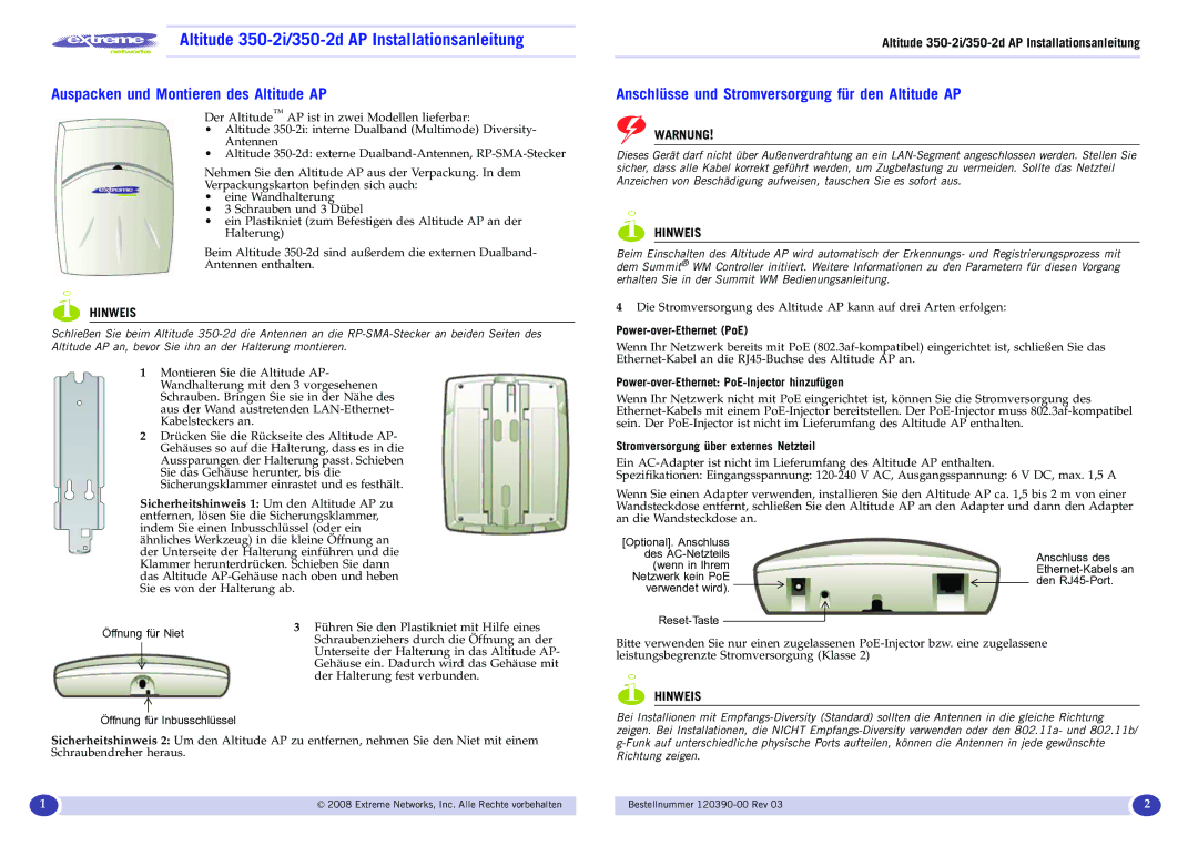 Extreme Networks Altitude 350-2i/350-2d AP Installationsanleitung, Auspacken und Montieren des Altitude AP, Hinweis 