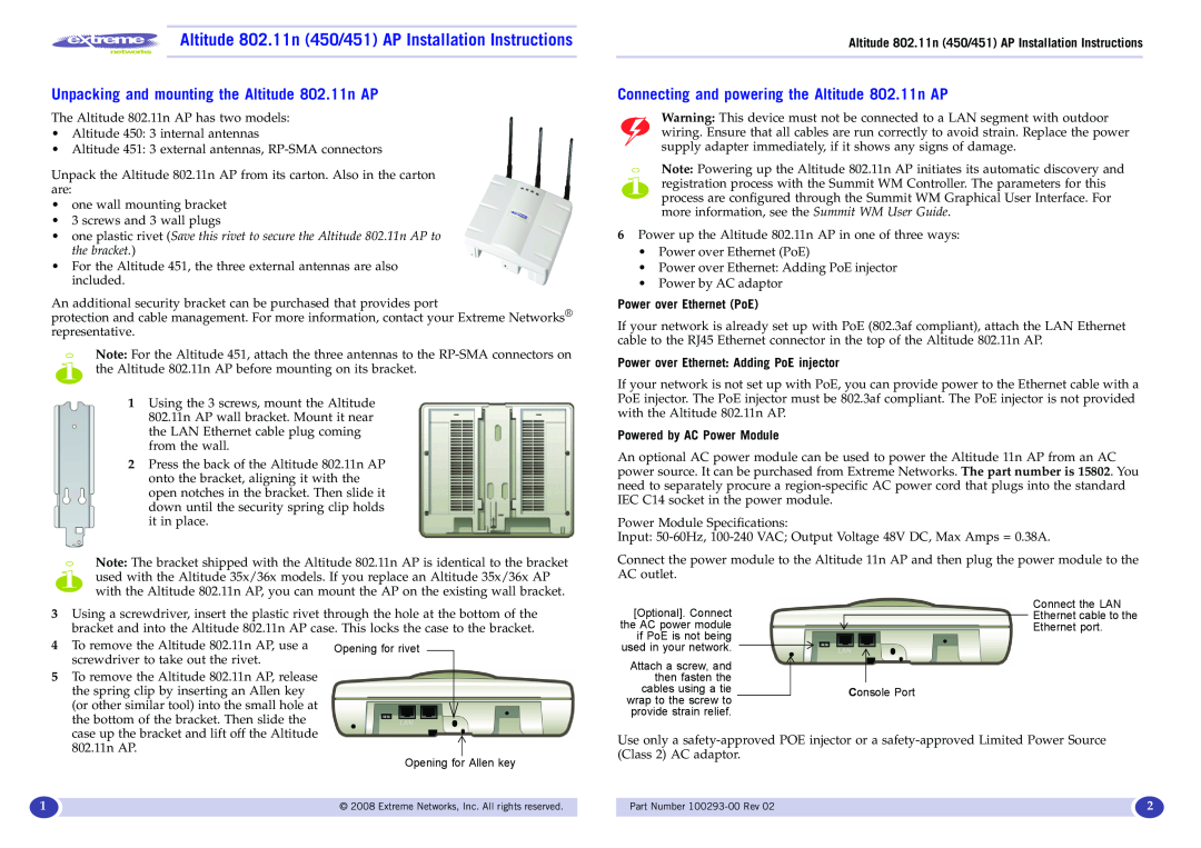 Extreme Networks installation instructions Altitude 802.11n 450/451 AP Installation Instructions 